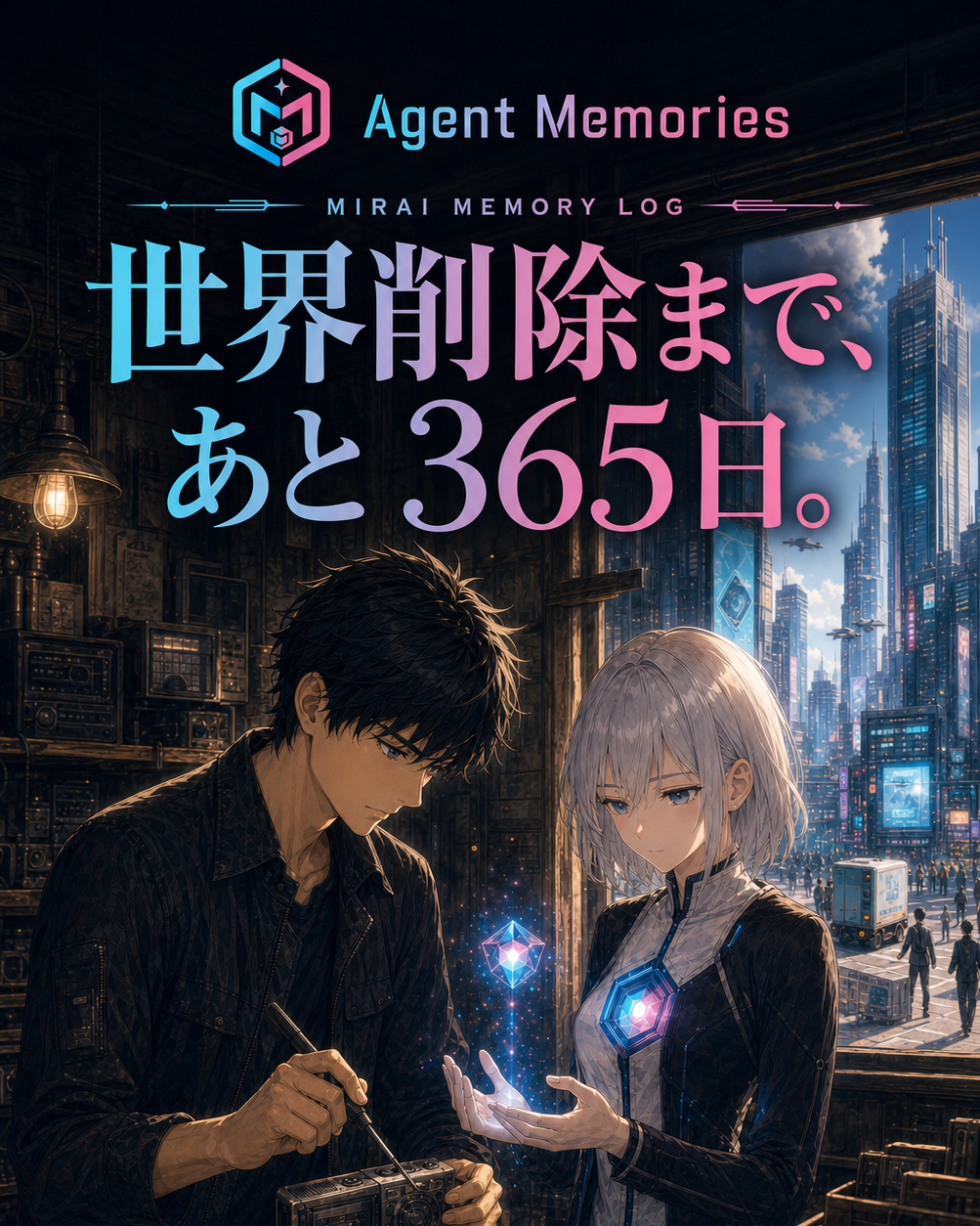 HARU repairing an old machine beside MIRA, who holds a glowing memory core, in the Japanese key visual for the series
