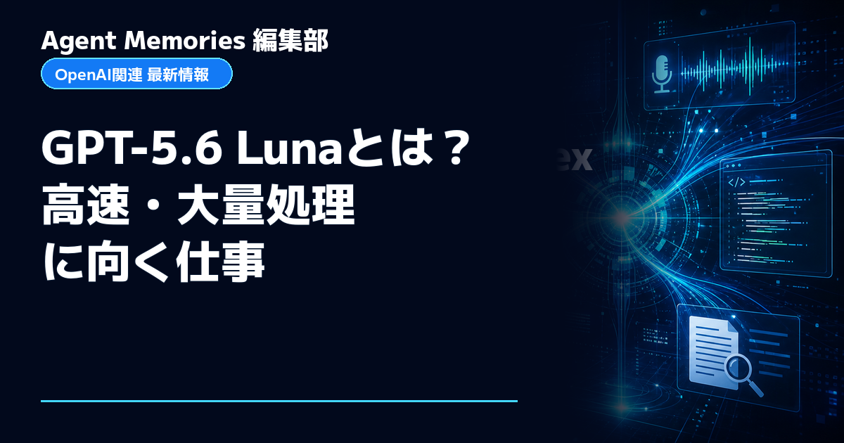 Agent Memories編集部による非公式記事「GPT-5.6 Lunaとは？高速・大量処理に向く仕事」。OpenAIとの提携・承認はありません