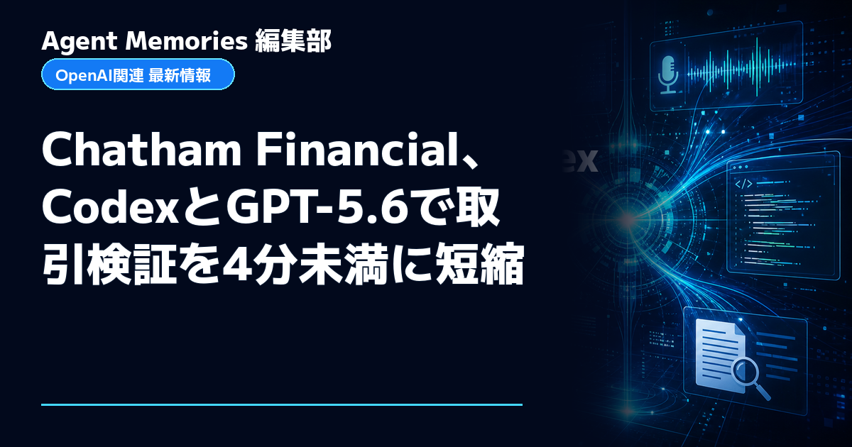 Agent Memories編集部による非公式記事「Chatham Financial、CodexとGPT-5.6で取引検証を4分未満に短縮」。OpenAIとの提携・承認はありません