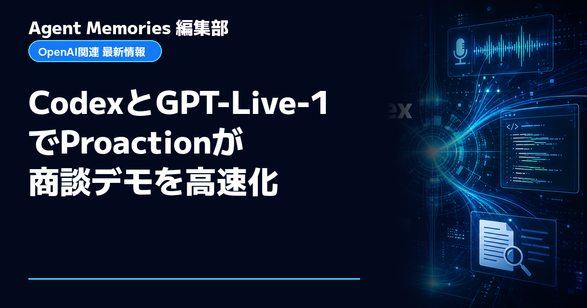 Agent Memories編集部による非公式記事「CodexとGPT-Live-1でProactionが商談デモを高速化」。OpenAIとの提携・承認はありません